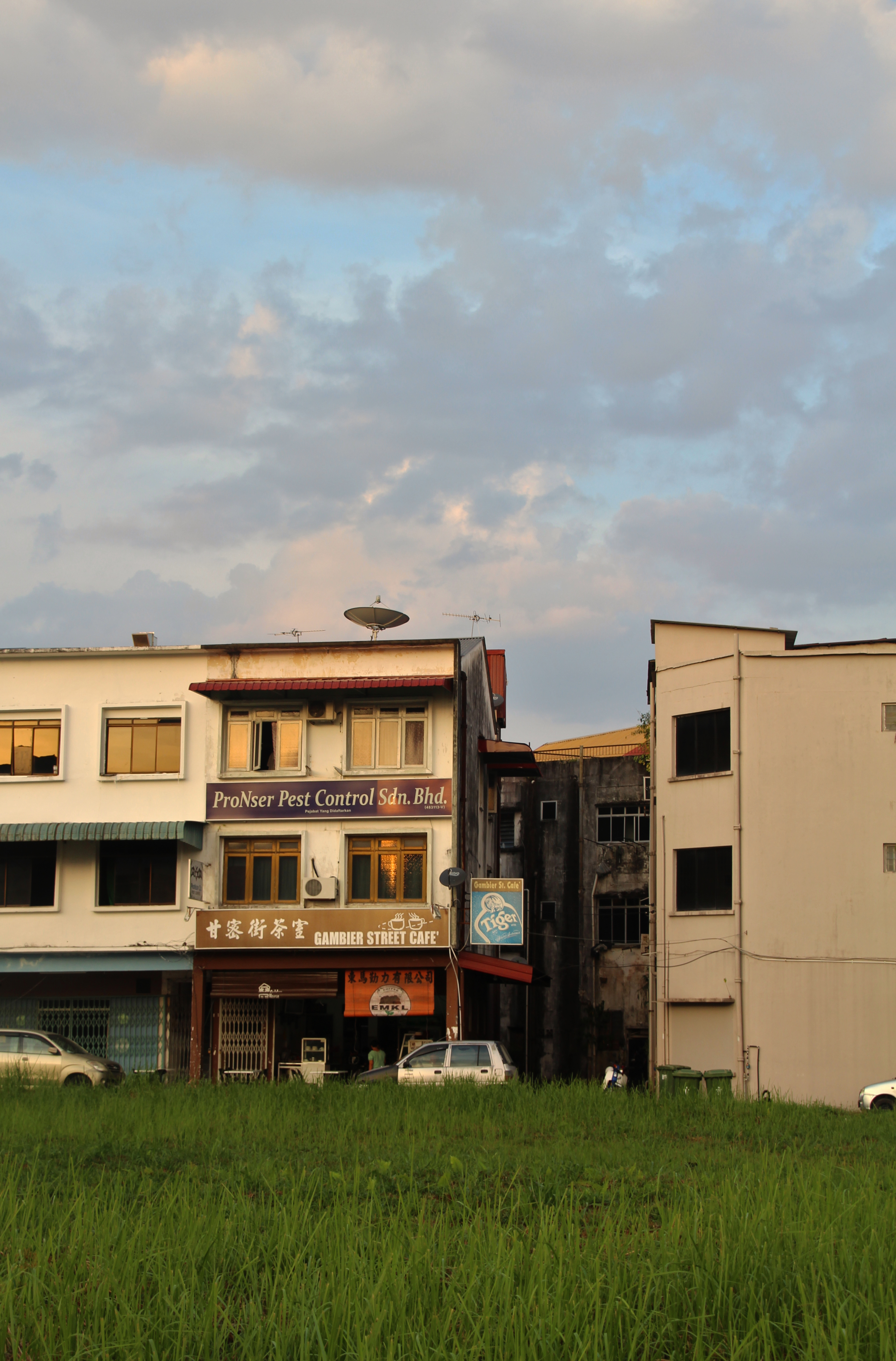 Row of houses with blue skies in the background